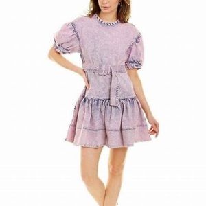Tanya Taylor Alissa Mini Dress.   A-line washed Denim effect, with puff sleeves
